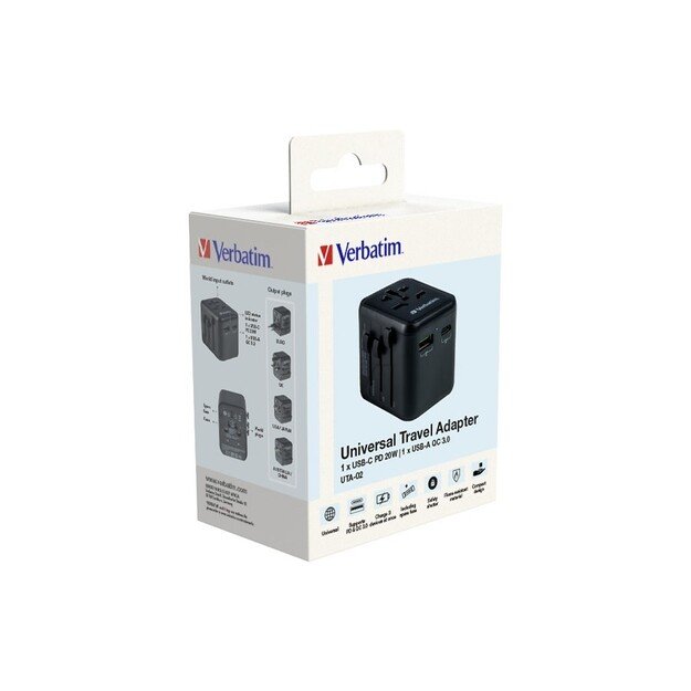 Verbatim - Universal Travel Adapter UTA-02 PD20W/QC / 1xUSB / 1xType-C