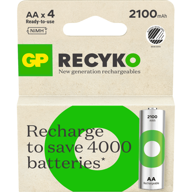 GP - ReCyko Rechargeable Battery, Size AA, 2100 mAh, 4-pack