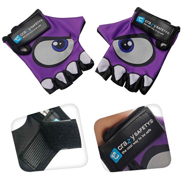 Crazy Safety - Purple kids bike gloves with reflective eyes, padded palms - Purple - Size S