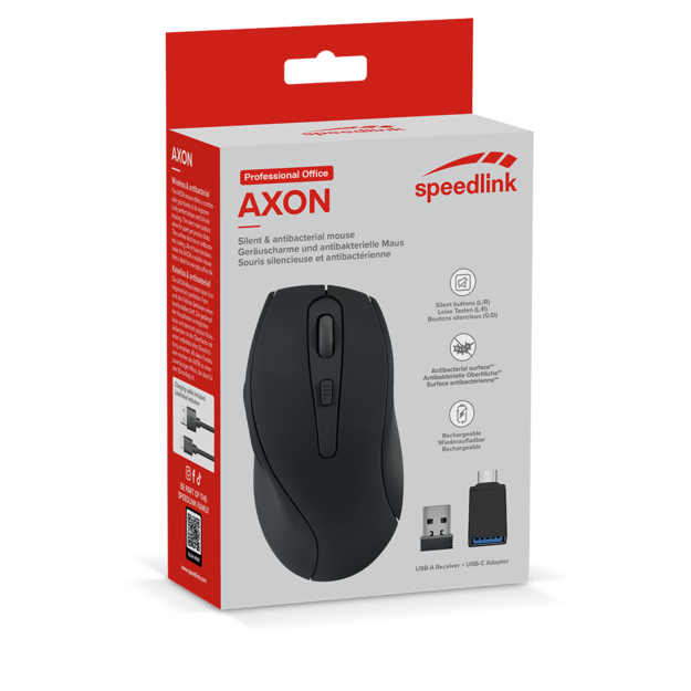 Speedlink - AXON Silent & Antibacterial Rechargeable Mouse - Wireless, USB-A/-C, rubber-black