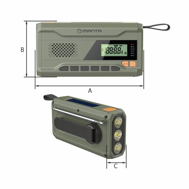 Manta - Portable Emergency crank FM Radio, Solar Power Bank, Flashlight