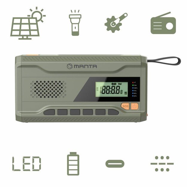 Manta - Portable Emergency crank FM Radio, Solar Power Bank, Flashlight