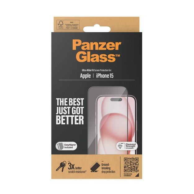 PanzerGlass - Screen Protector iPhone 15 - Ultra-Wide Fit m. EasyAligner