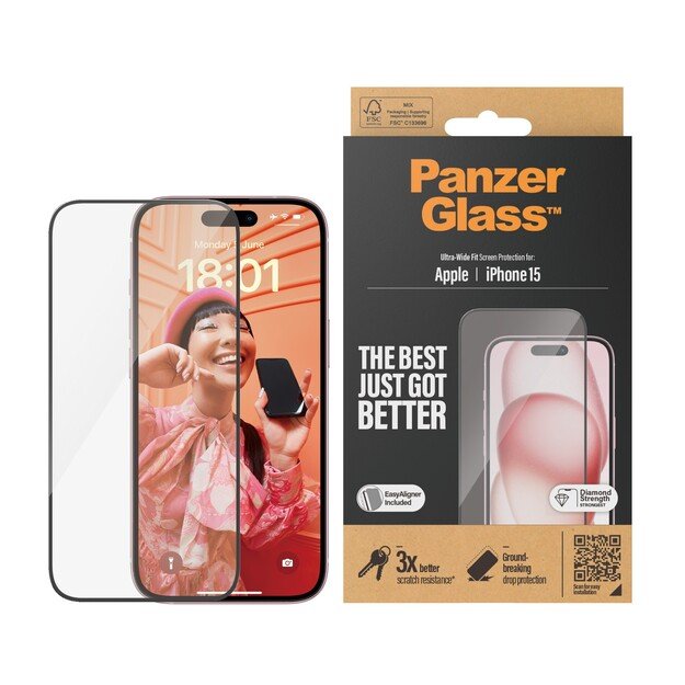 PanzerGlass - Screen Protector iPhone 15 - Ultra-Wide Fit m. EasyAligner