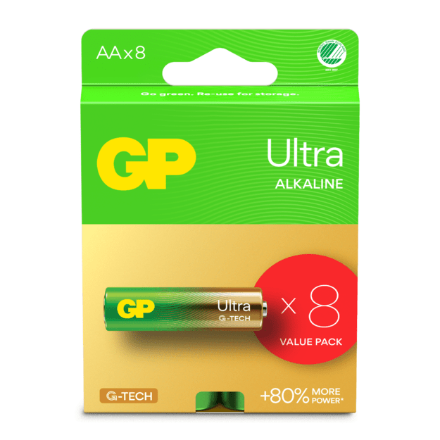 GP - Ultra Alkaline Battery, Size AA, 15AU/LR6, 1.5V, 8-pack