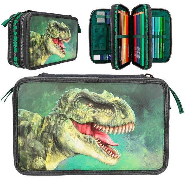 Dino World - Triple Pencil Case - Green With 3D Effect - ( 0412475 )